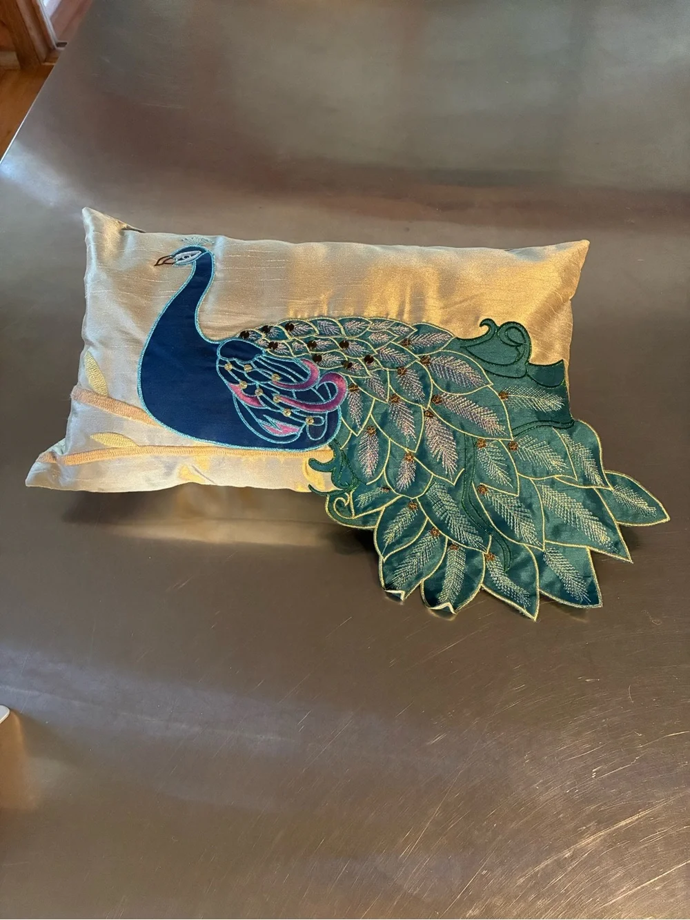 Peacock Decorative Pillow - Teal & Gold Vibrant Peacock Bird Colors Embroidered